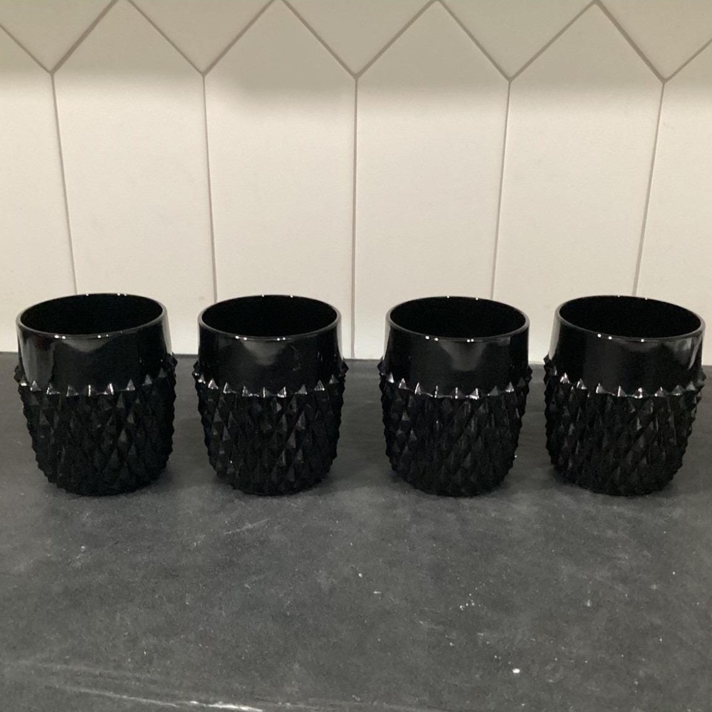 Set Of 4 Vintage Indiana Glass Tiara Black Diamond Point 8oz Tumblers